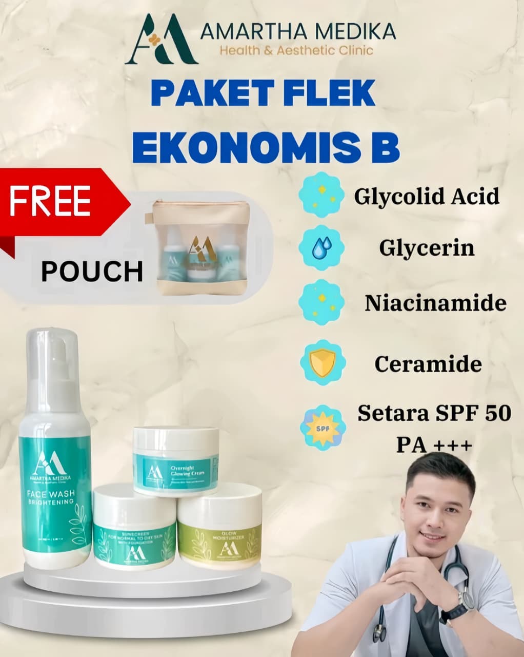 Produk Skincare Paket Flek Ekonomis B (Face wash ,Glow Mousturizer,Sunscreen Normal To Dry ,Overnight Glowing Cream) dari Amartha Medika